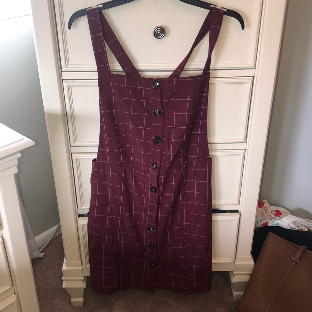 maroon and white stripped overall dress